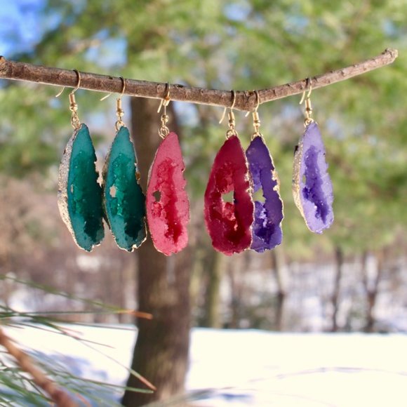 14K Gold Geode Resin Stone Drop Teardrop Earrings - Picture 9 of 9